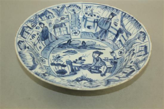 A Chinese Kraak blue and white shallow bowl, Wanli period, 21.5cm, cracks